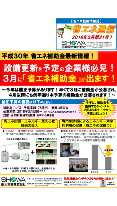 平成30年省エネ補助金最新情報！