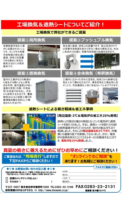 工場の夏場暑さを改善！ 工場換気＆遮熱シート